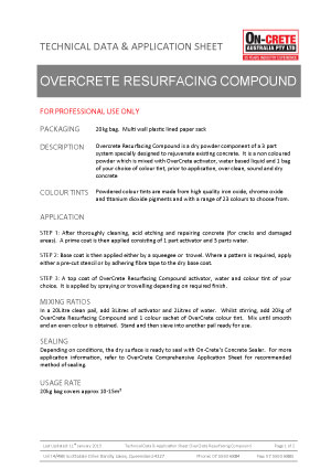 Overcrete Resurfacing Technical Data